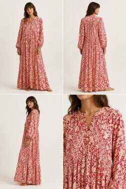 Natalie Martin Fiore Silk Maxi Dress in Red & Tan Floral Print Size Medium Boho